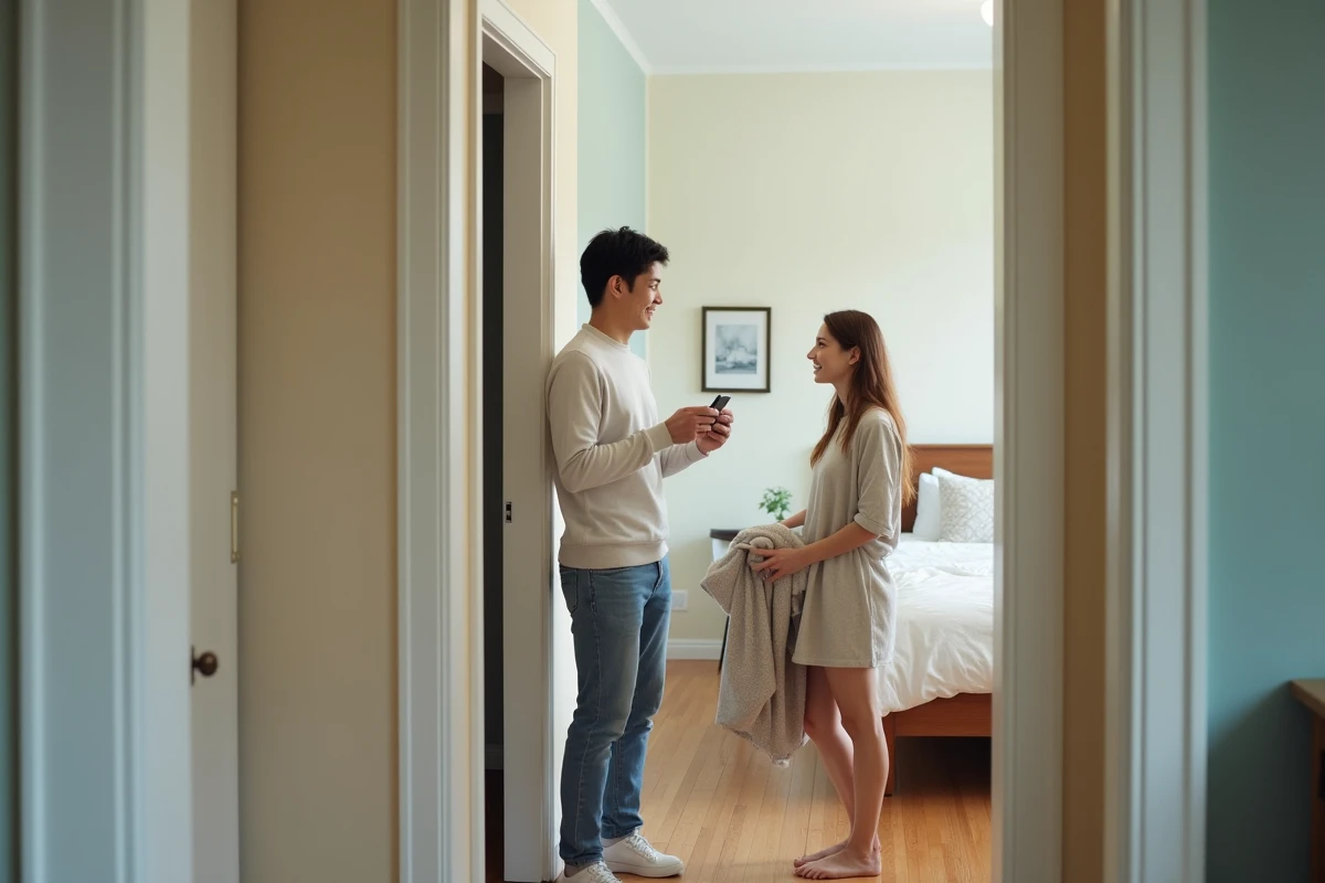 Jeune couple arrangeant la literie dans une chambre propre