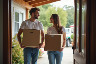 Jeune couple souriant avec cartons devant maison