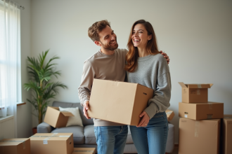 Jeune couple déballant des cartons dans un salon accueillant