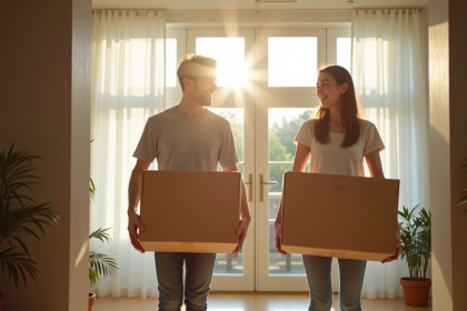 Jeune couple déménageant dans un appartement lumineux