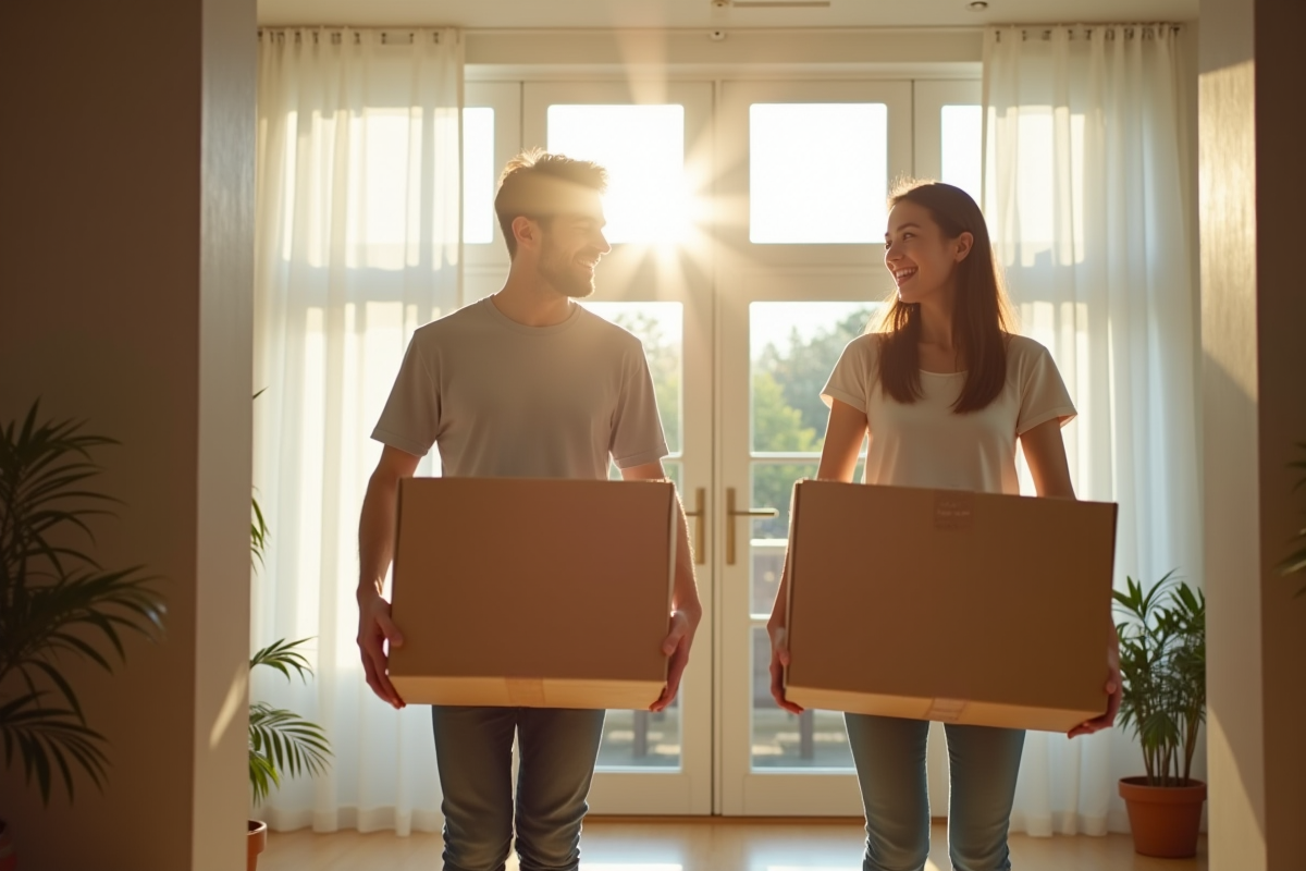 Jeune couple déménageant dans un appartement lumineux