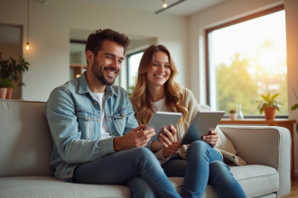 Jeune couple heureux regardant des annonces immobilières avec une tablette dans un salon lumineux