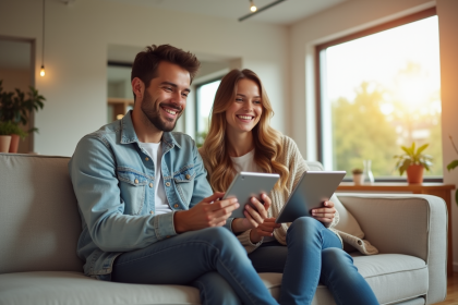 Jeune couple heureux regardant des annonces immobilières avec une tablette dans un salon lumineux