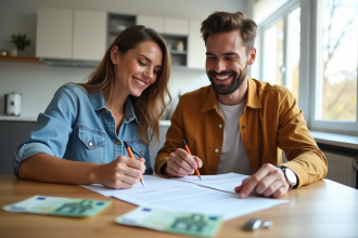 Jeune couple souriant signant contrat de location appartement