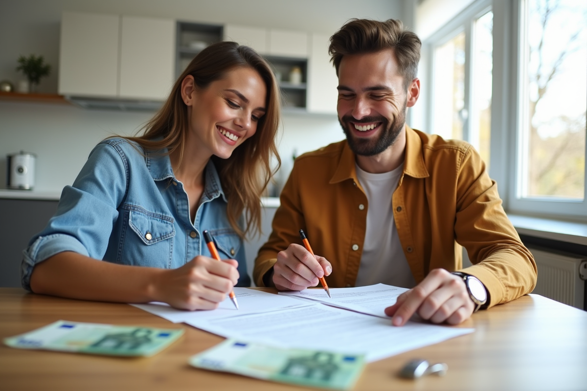 Jeune couple souriant signant contrat de location appartement