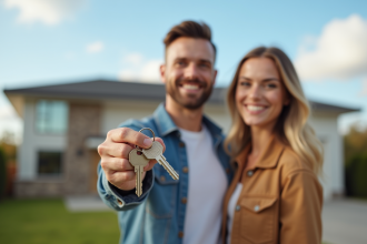 Jeune couple souriant avec clés devant leur maison moderne
