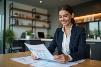 Jeune femme en banque compare brochures de pret immobilier