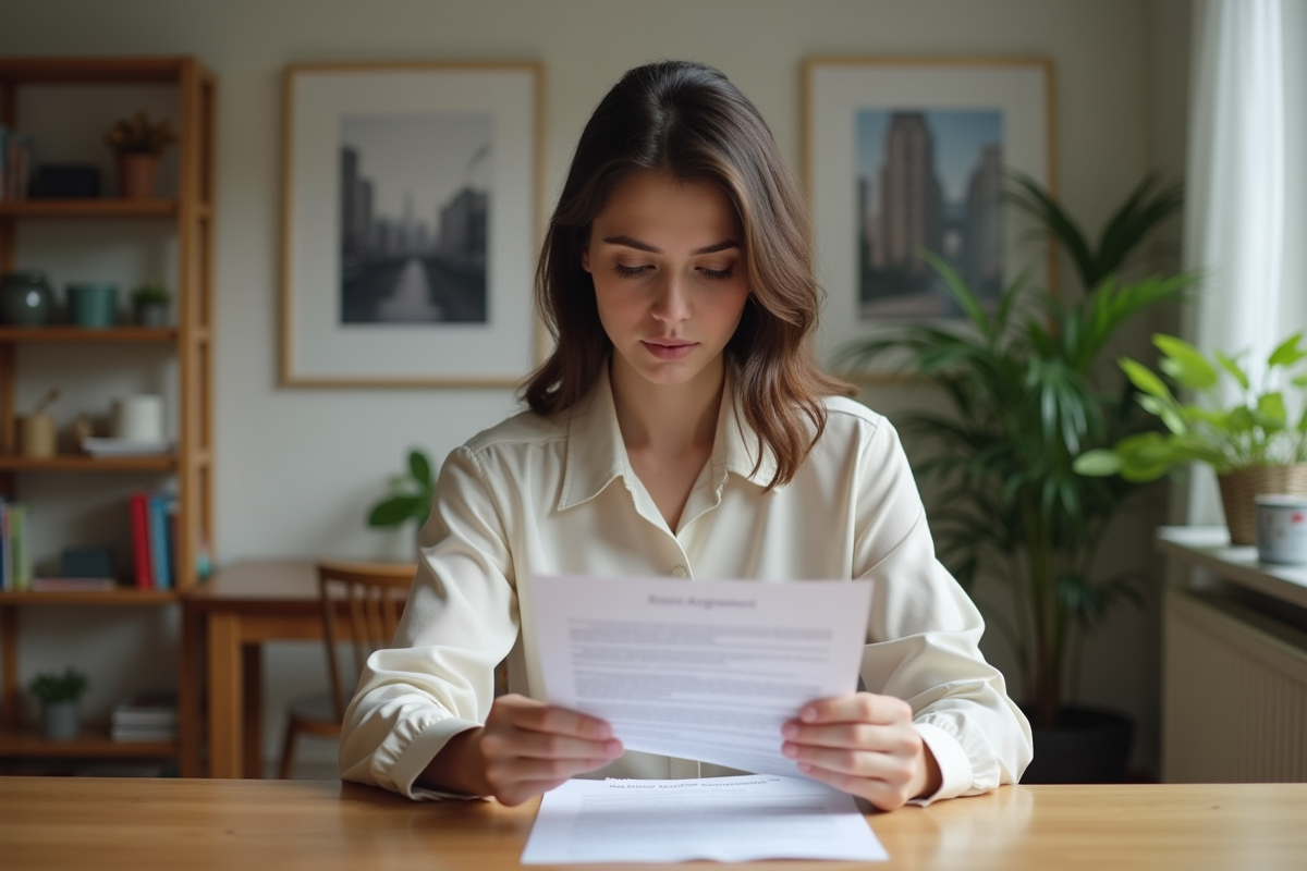 Jeune femme en tenue casual examinant un contrat de location