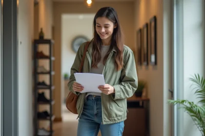 Jeune femme inspectant ses cl&eacute;s dans un appartement moderne