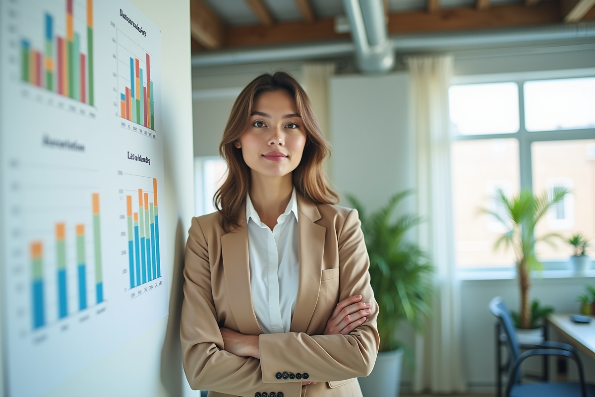 Jeune femme d affaires avec tableau de graphiques comptables