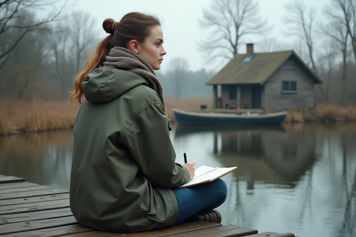 Jeune femme assise sur un ponton au bord de la rivière