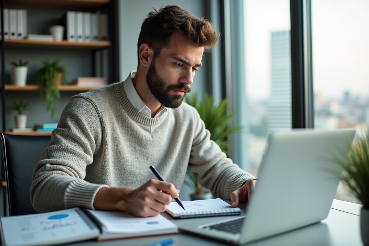 Jeune homme analyse des calculs de loyer dans un bureau moderne
