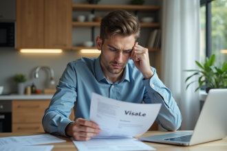Jeune homme en cuisine avec documents de location