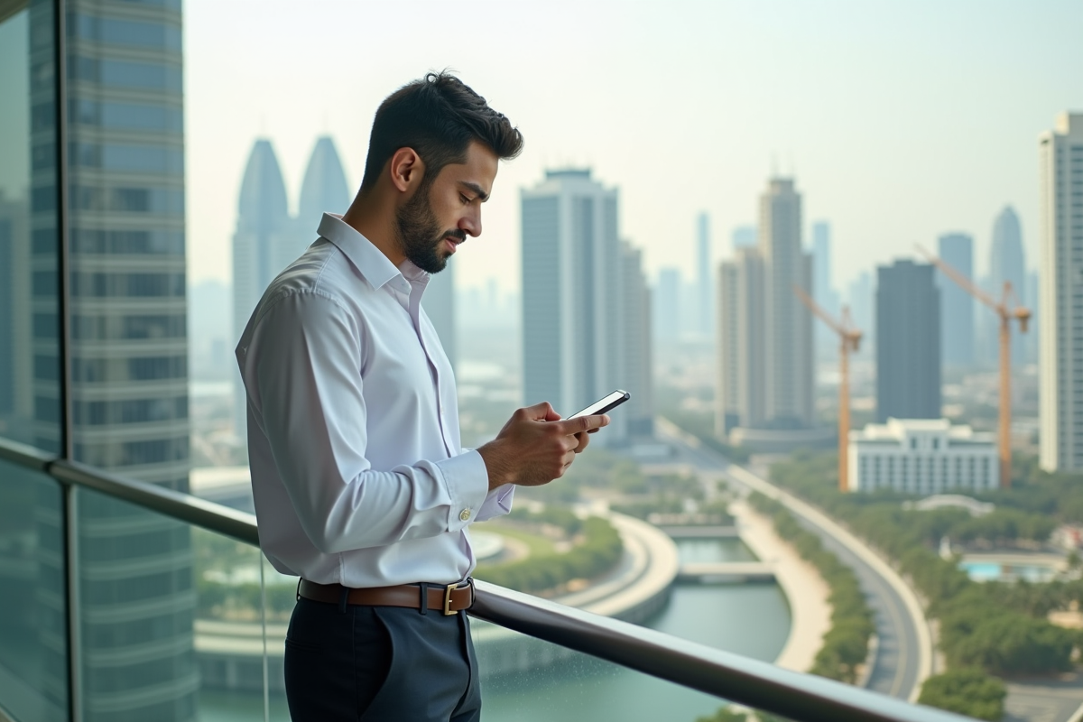 Jeune homme d affaires regardant les annonces de location à Dubai