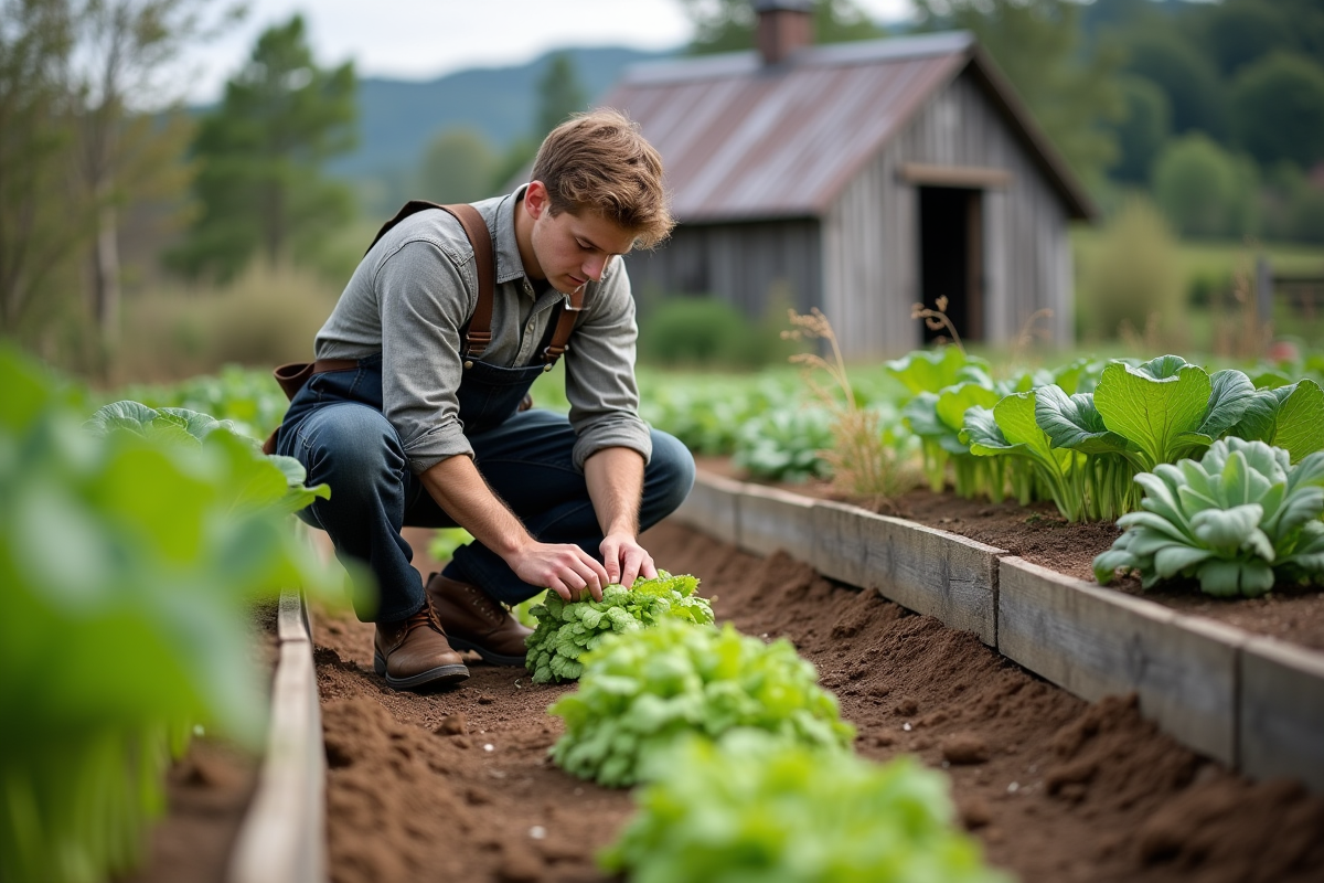 Jeune homme cultivant des légumes dans un jardin bio