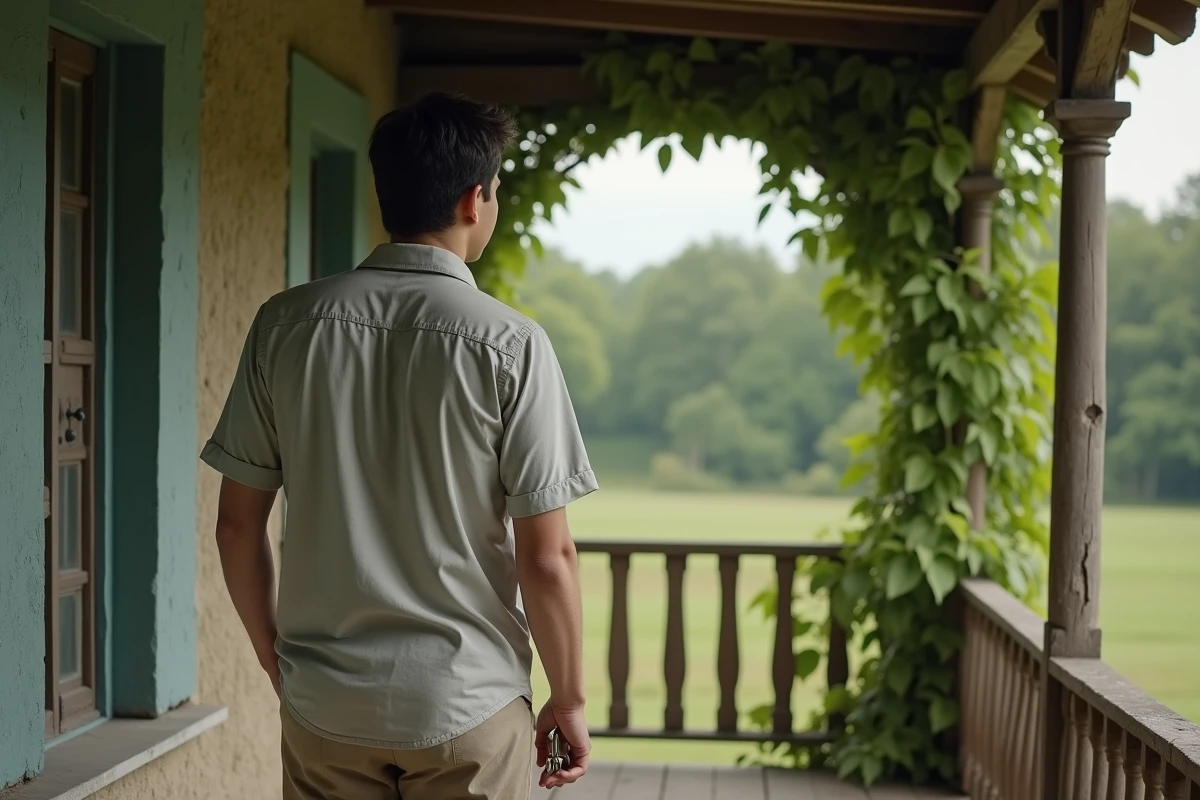 Jeune homme pensif sur le porche d