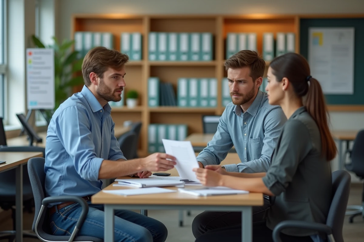Jeune homme remettant un document à un agent dans un bureau animé