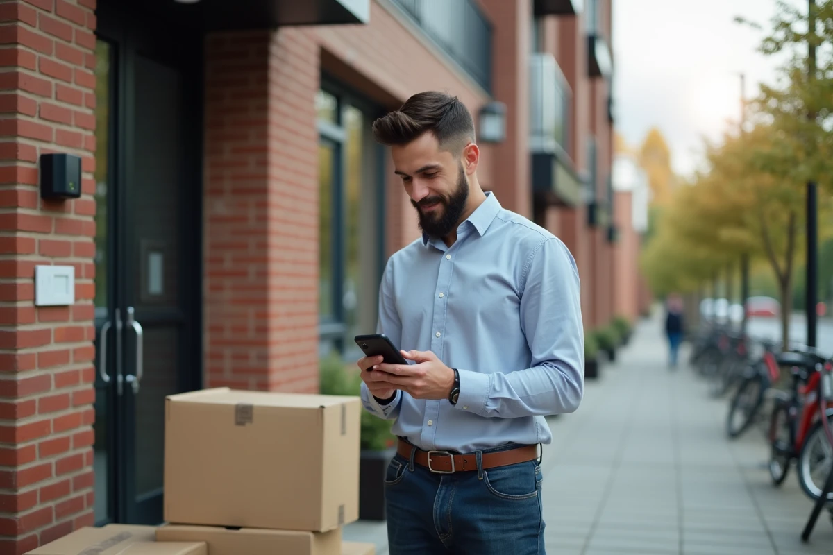 Jeune homme dans la ville avec cartons et smartphone