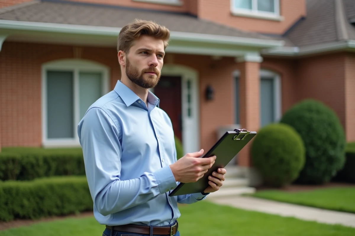 Jeune homme inspectant une maison en extérieur