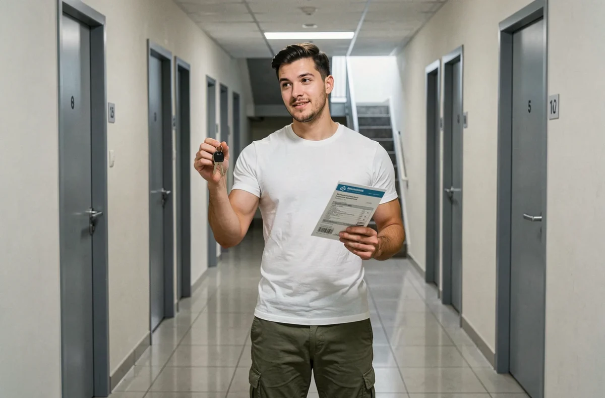 Jeune locataire dans le couloir de son immeuble tenant ses clés et une brochure d'assurance habitation