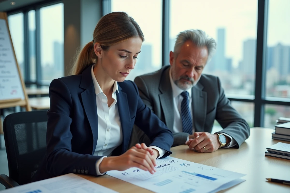 Juriste et entrepreneur discutant d'une clause d'indexation sur l'indice BT47 dans un bureau professionnel moderne