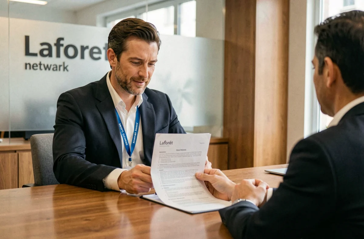Conseiller immobilier du réseau Laforêt à Calais présentant un contrat de gestion locative à un client dans une agence moderne