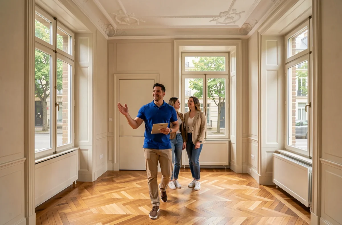 Agent Liberkeys faisant visiter une maison de ville rénovée avec moulures haussmanniennes à un jeune couple à Nantes