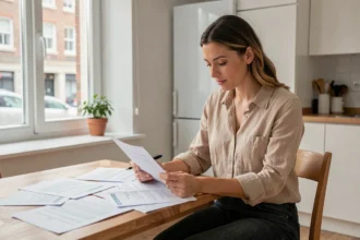 Locataire examinant son contrat d'assurance habitation à la table de sa cuisine dans un appartement moderne