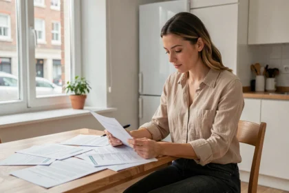 Locataire examinant son contrat d'assurance habitation à la table de sa cuisine dans un appartement moderne