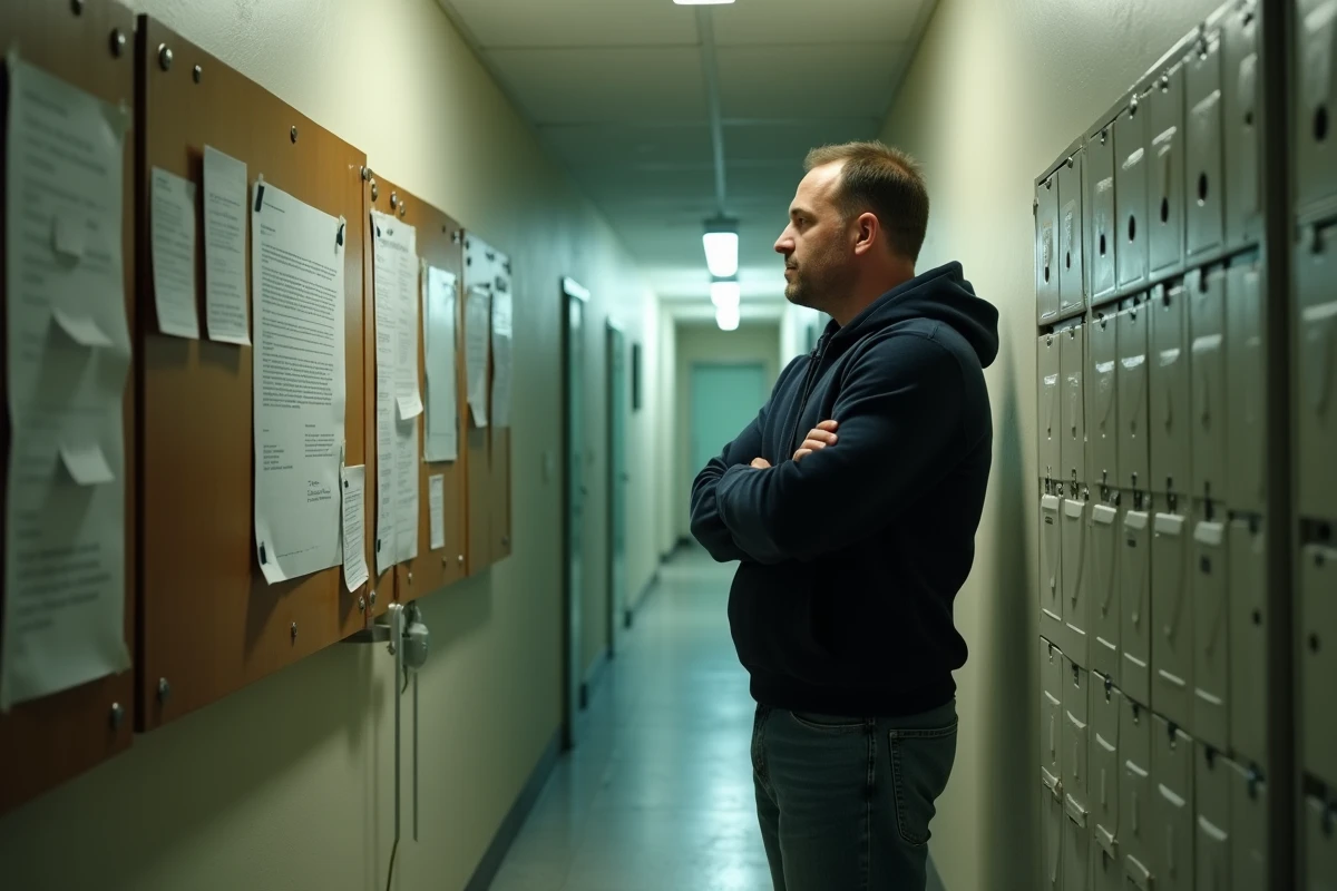 Locataire HLM lisant un avis de surloyer dans le couloir d'un immeuble social