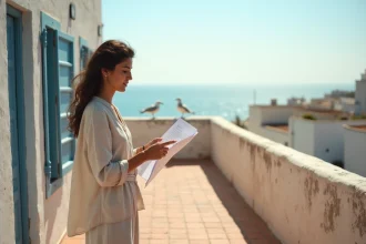Femme marocaine sur une terrasse en bord de mer à Essaouira consultant un contrat de location longue durée
