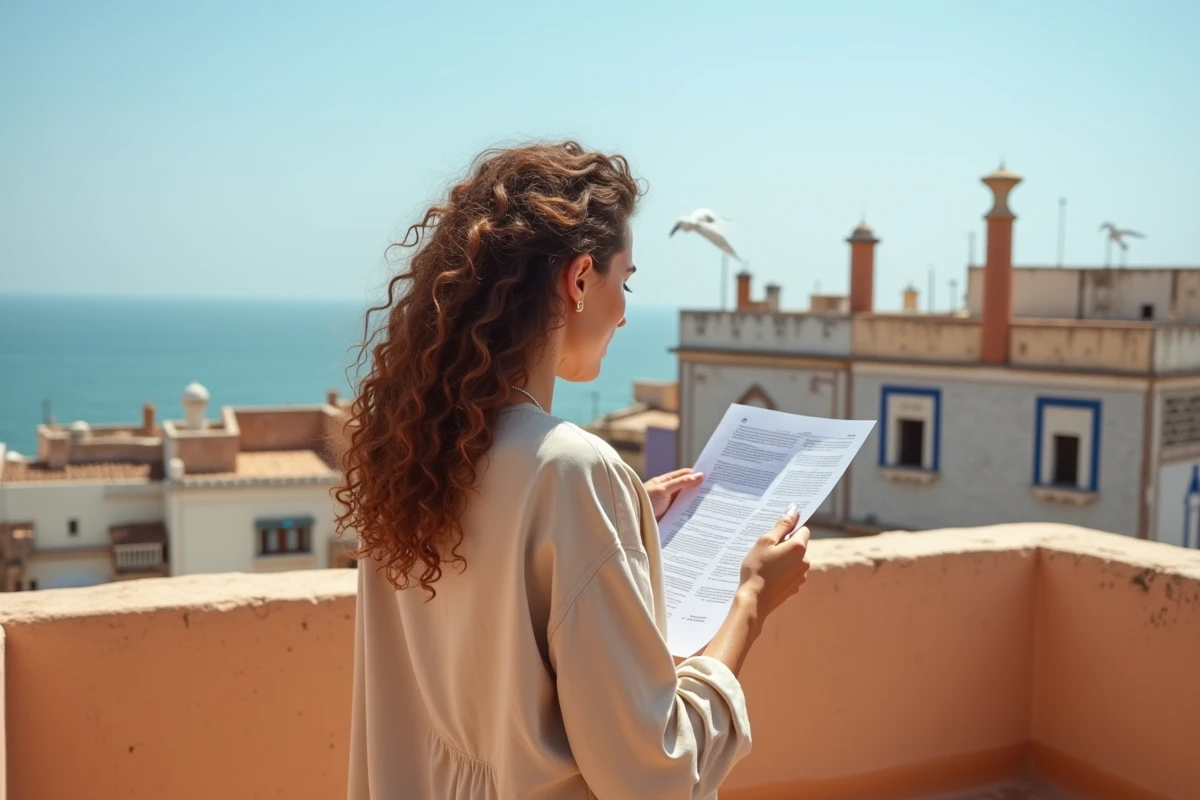 Femme expatriée examinant un bail locatif sur une terrasse avec vue sur la médina et l'océan d'Essaouira
