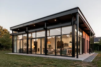 Maison de style loft avec ossature métallique et grandes baies vitrées