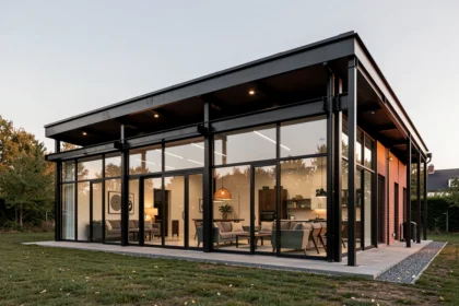 Maison de style loft avec ossature métallique et grandes baies vitrées