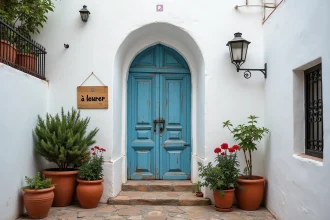 Maison avec petit jardin à louer à Essaouira, façade blanche traditionnelle avec porte bleue et pots de fleurs en terre cuite