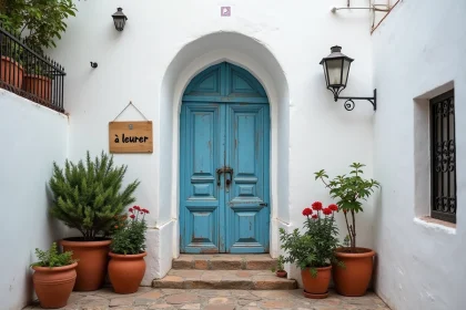 Maison avec petit jardin à louer à Essaouira, façade blanche traditionnelle avec porte bleue et pots de fleurs en terre cuite