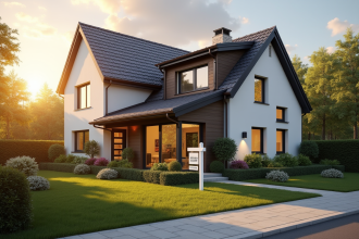 Maison moderne avec panneau vente et jardin soigné