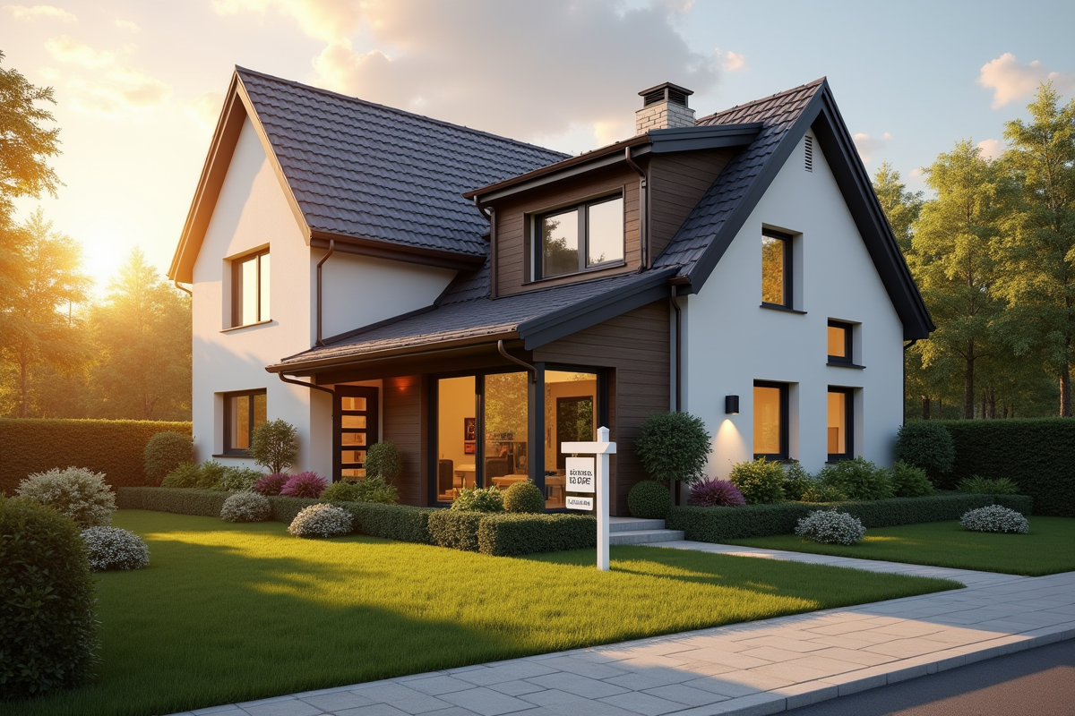Maison moderne avec panneau vente et jardin soigné