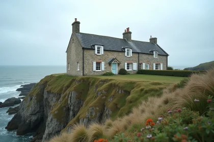 Maison normande en pierre face à la mer avec végétation pliée par le vent sur falaise côtière