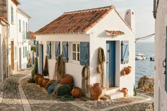 Petite maison de pêcheur blanchie à la chaux avec volets bleus dans un village côtier de l'Algarve au Portugal