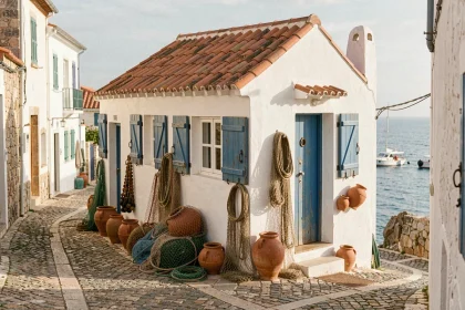 Petite maison de pêcheur blanchie à la chaux avec volets bleus dans un village côtier de l'Algarve au Portugal