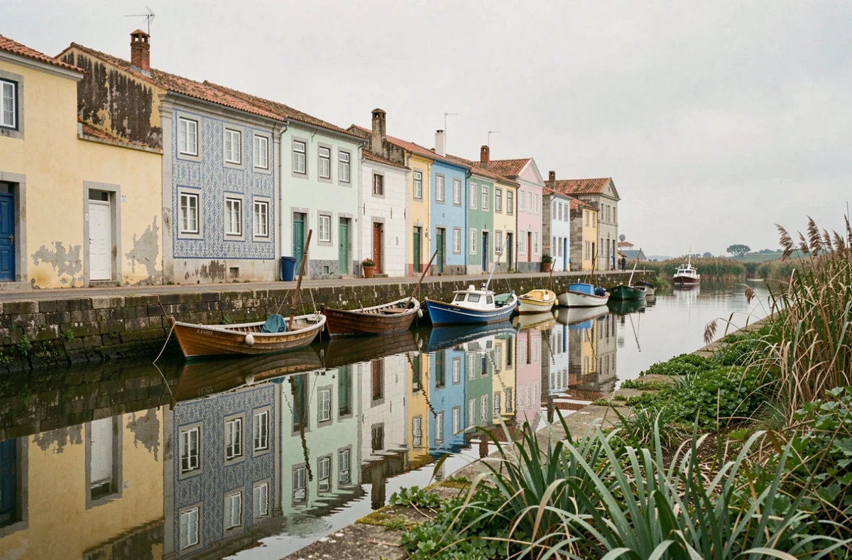 Rangée de maisons colorées de pêcheurs au bord du lagon de la Ria de Aveiro dans le nord du Portugal