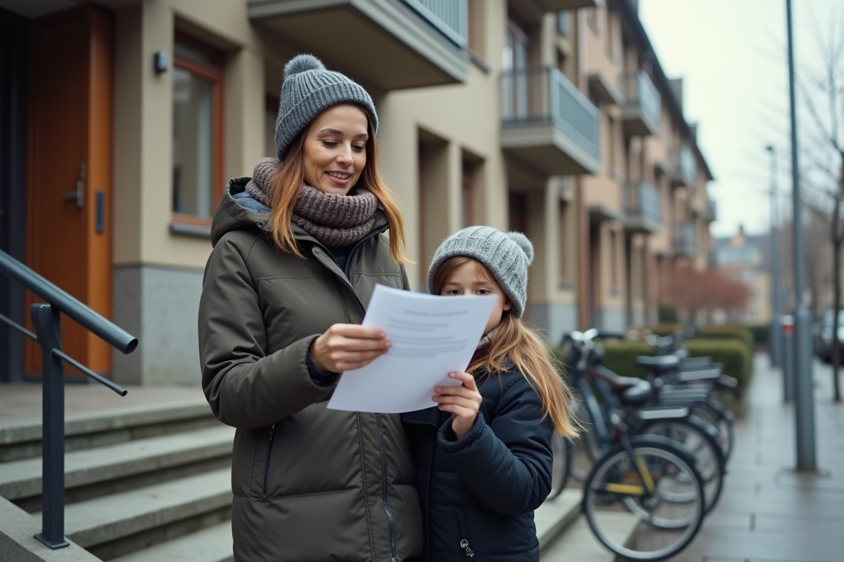 Mère et enfant regardant des documents devant un immeuble