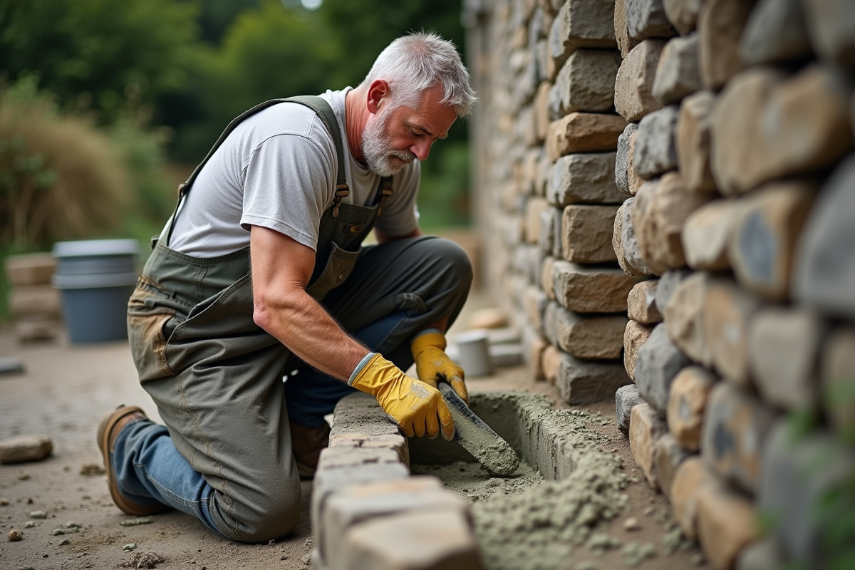 Maçon expérimenté mélangeant chaux et mortier en extérieur