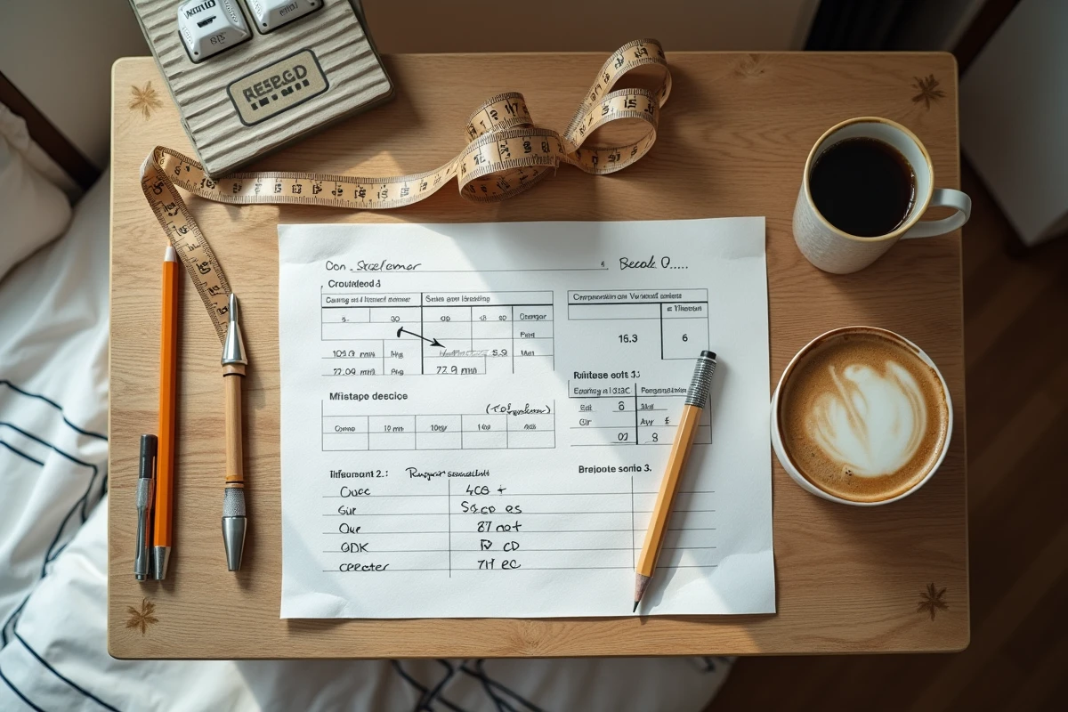 Vue de dessus d'un bureau avec mètre ruban et documents pour déclarer la surface d'une petite chambre