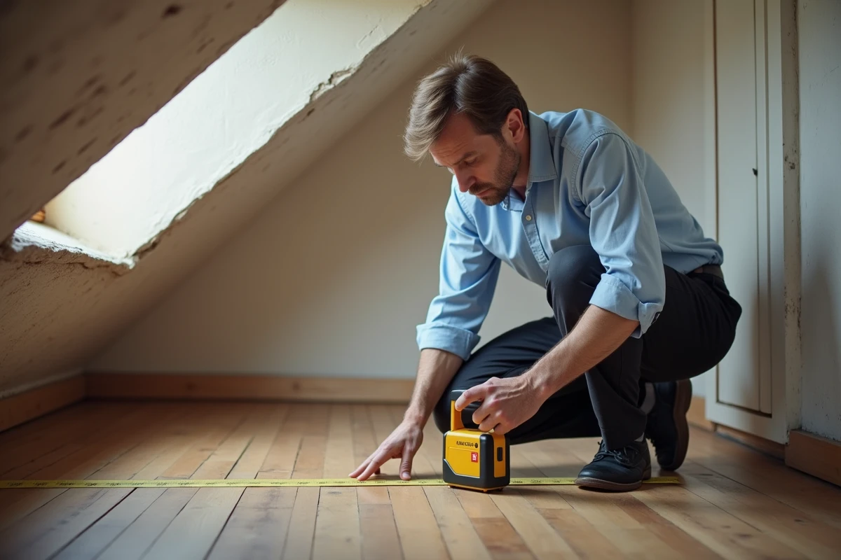 Expert immobilier mesurant la surface au sol d'une chambre mansardée avec plafond incliné, pour calculer la surface légale habitable selon la loi Carrez