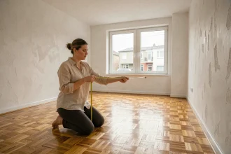 Femme mesurant la surface habitable d'un appartement vide avec un mètre ruban jaune sur parquet