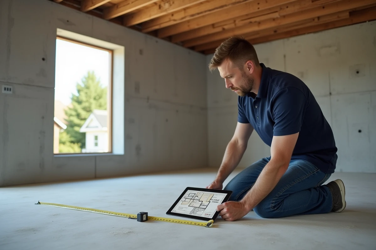 Homme mesurant la surface en m2 d'une pièce en construction avec un mètre numérique et une tablette affichant un plan de maison
