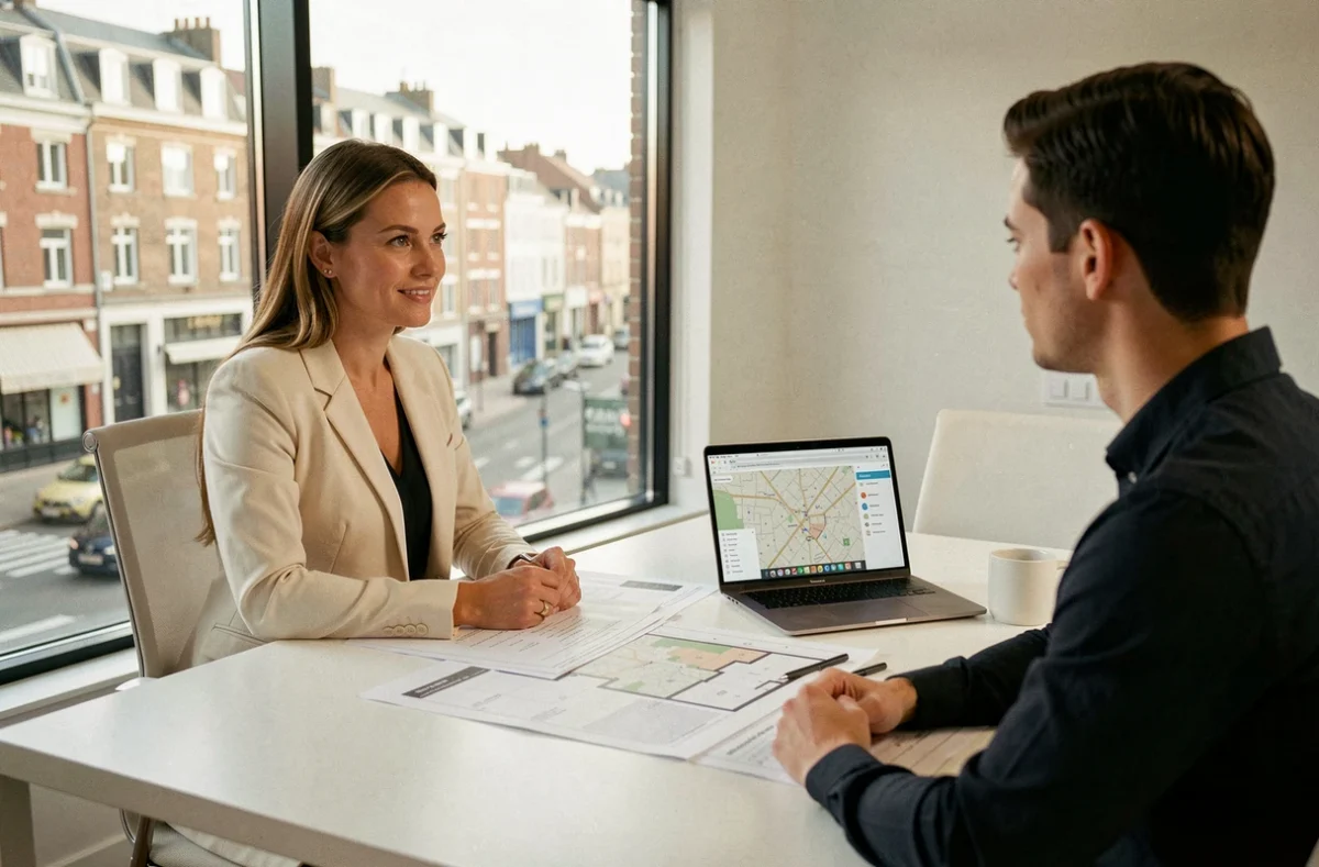 Conseillère de Mon Chasseur Immo présentant des plans de propriété à un couple dans un bureau moderne à Nantes