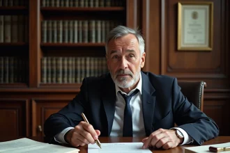 Notaire assis à son bureau en train d'examiner un dossier d'estimation immobilière pour une succession